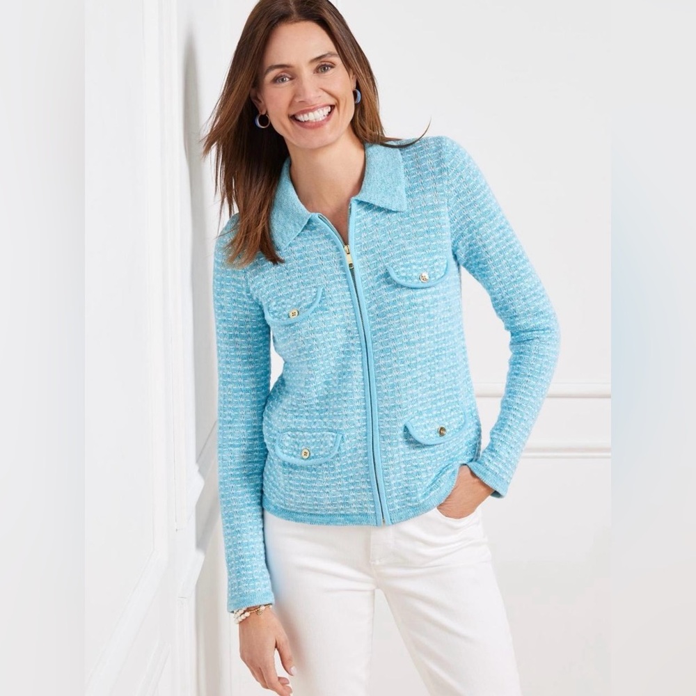 NWOT Talbots Collared Textured Knit Zip‎ Cardigan Medium Tweed Style Pockets
